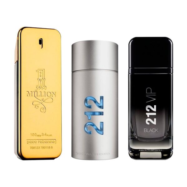 Set of 3 Men's Perfumes – 1 Million by Paco Rabanne, 212 Men & 212 Black by Carolina Herrera (Eau de Toilette – 100 ml)